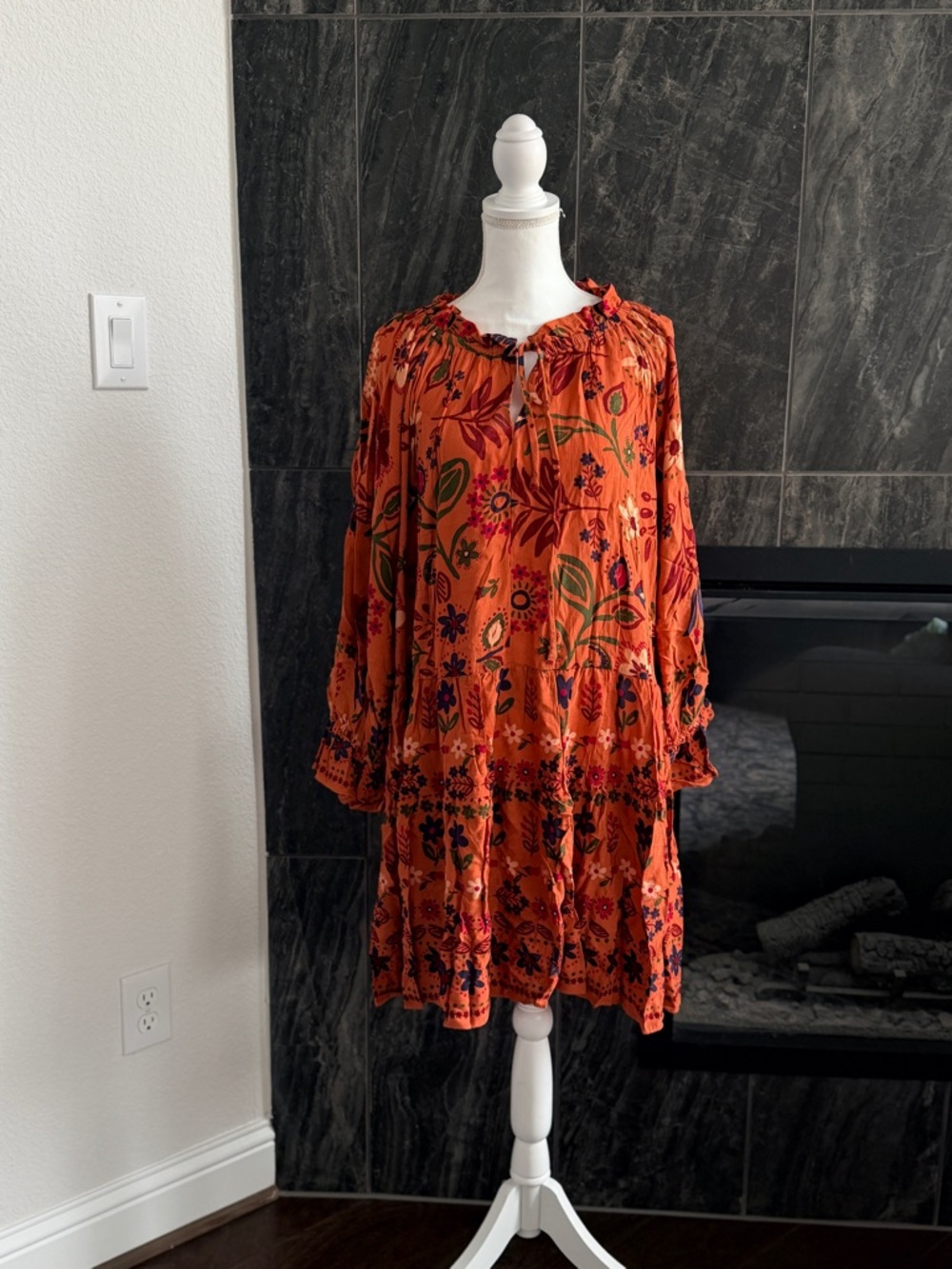 easel Coral Orange Floral Long Sleeve Tiered Dress Plus Size